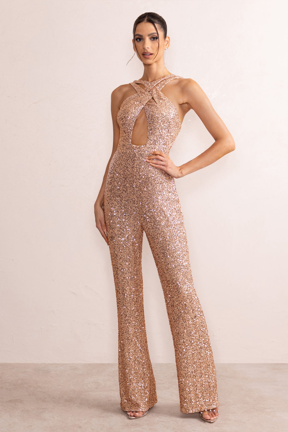 Goddiva Liquid Sequin Jumpsuit With Corsage - Gold - New In from Yumi UK
