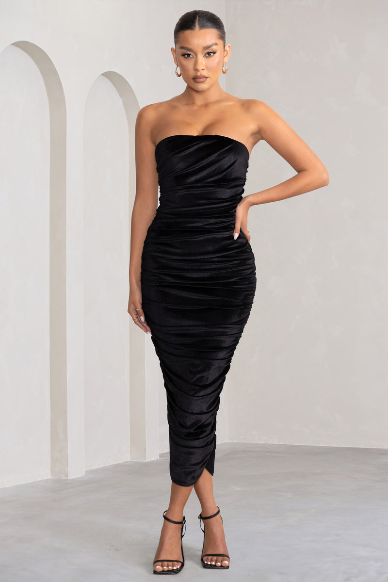 My Lady Black Velvet Strapless Bodycon Ruched Maxi Dress – Club L ...