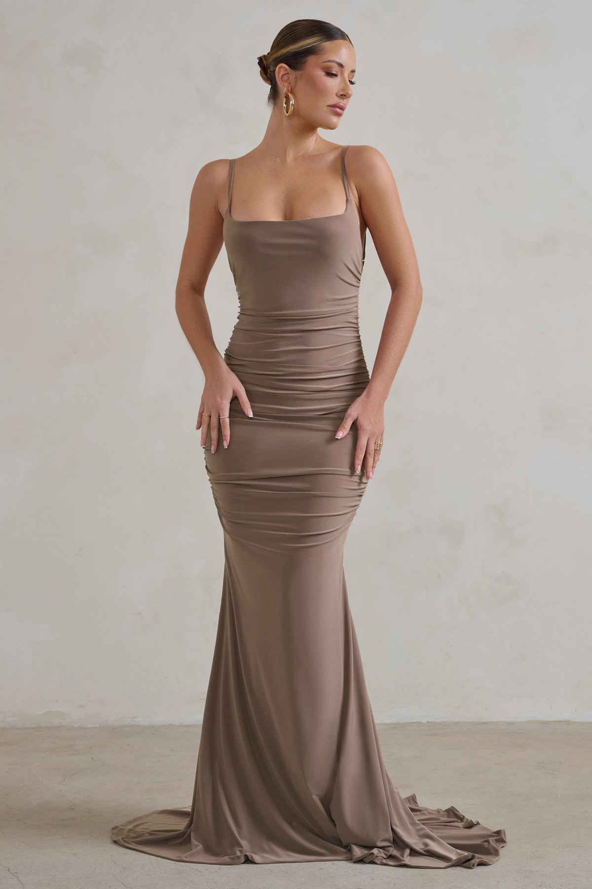 Adele Mocha Backless Ruched Fishtail Cami Maxi Dress – Club L London - UK