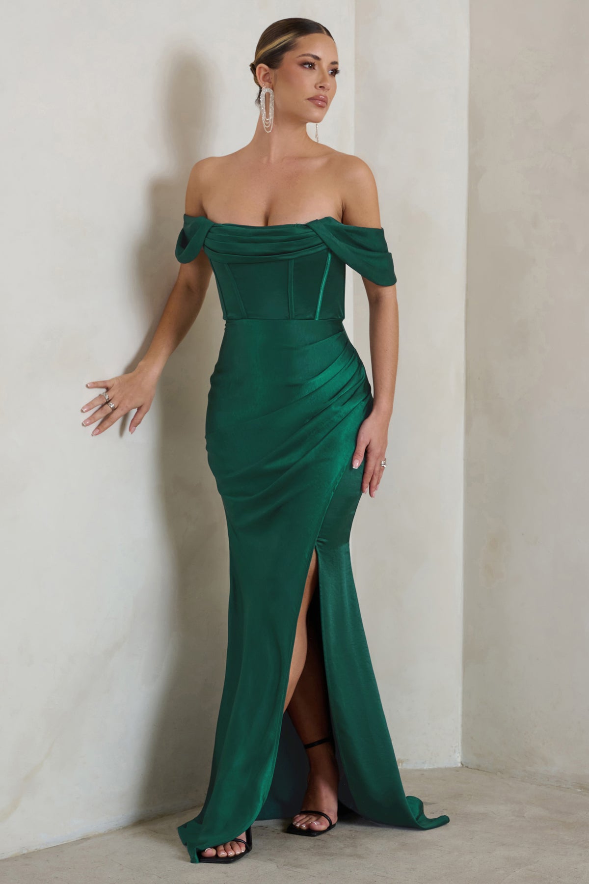 Kimberly Bottle Green Bardot Fishtail Satin Maxi Dress – Club L London - UK