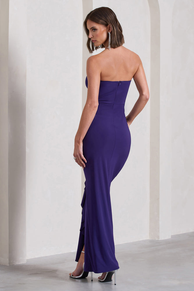 Susan Purple Bandeau Maxi Dress With Ruffled Splits Club L London UK