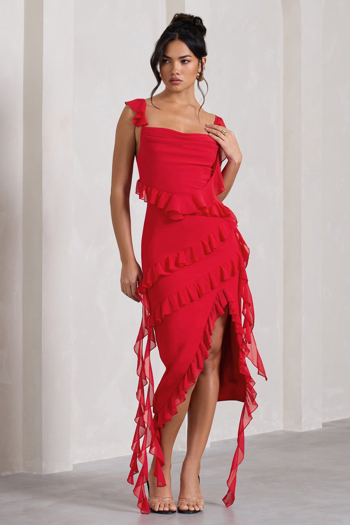 Red midi ruffle store dress