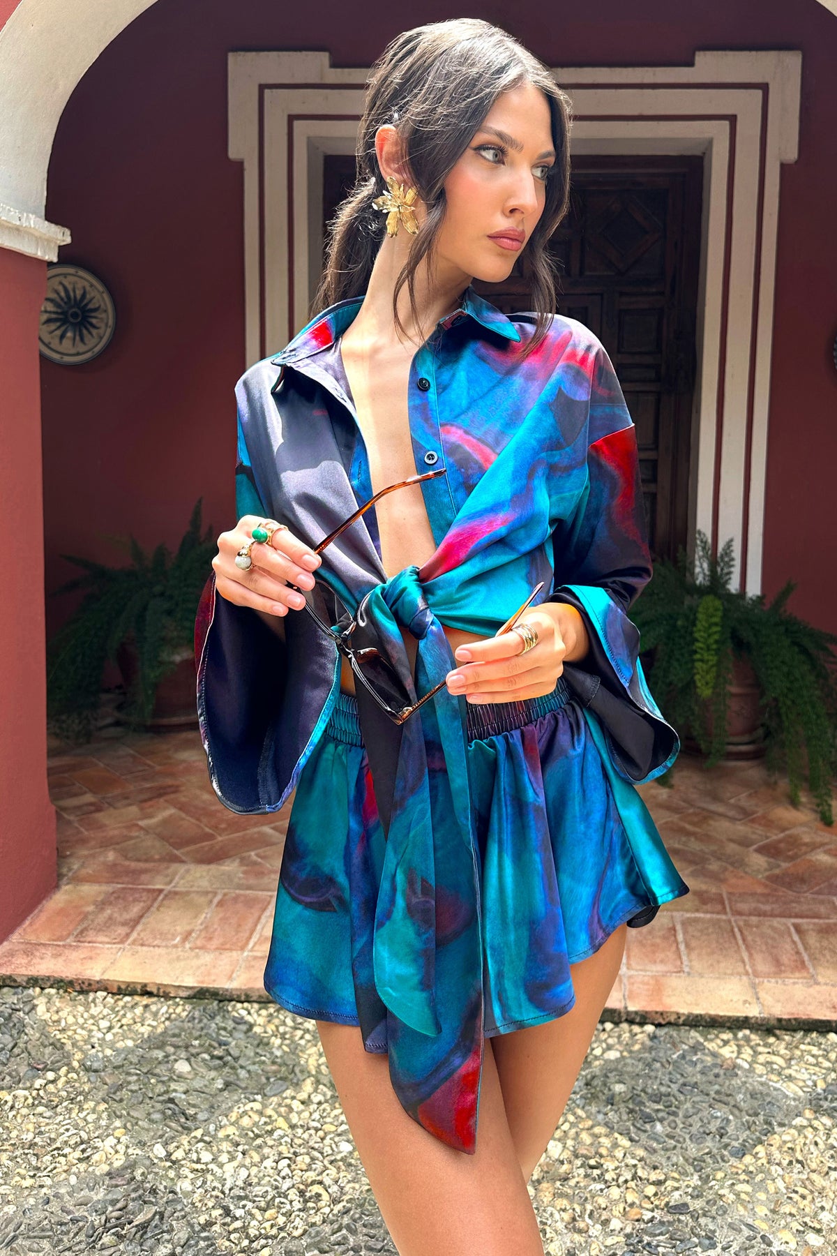 Keep Trying | Blue Print Satin Tie Waist Shorts - Club L 