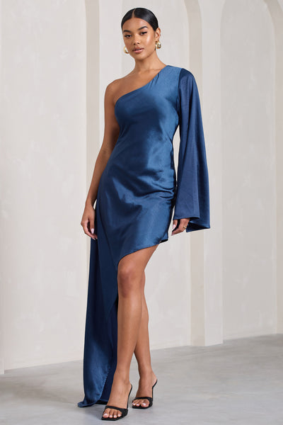 Tiffie - Blue Asymmetrical Hemline Mini Satin Dress – Sophiel