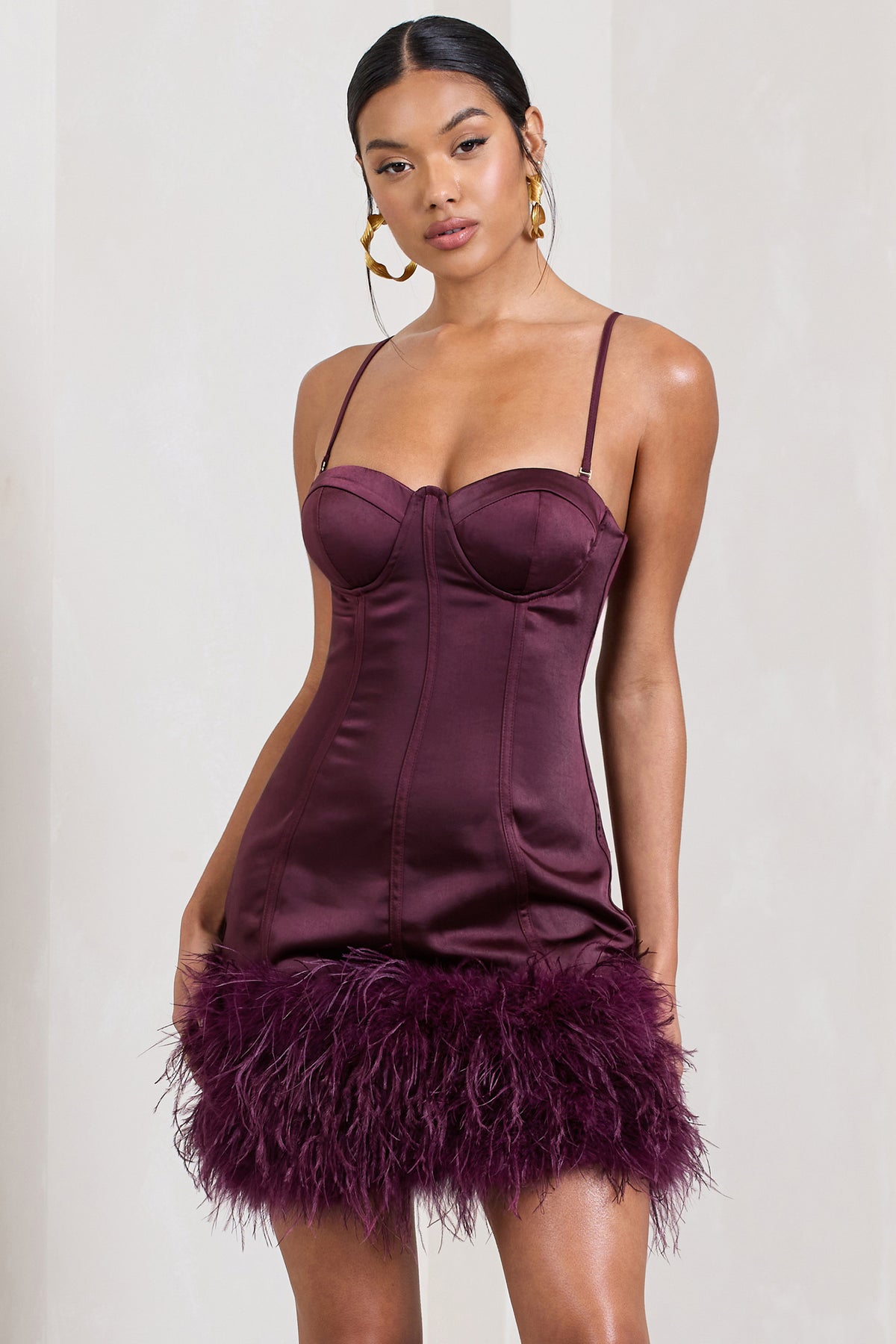 Vampira Burgundy Satin Corset Feather Mini Dress – Club L London - UK