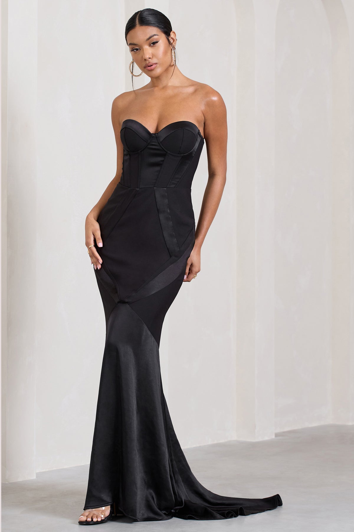Custom Black Satin Sweetheart Corset Fishtail Maxi Dress – Club L ...
