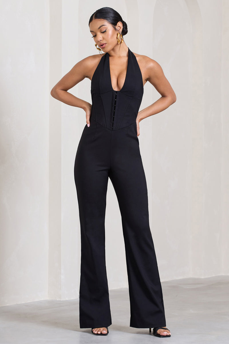 Margherita Black Halter-Neck Corset Wide-Leg Jumpsuit – Club L London - UK