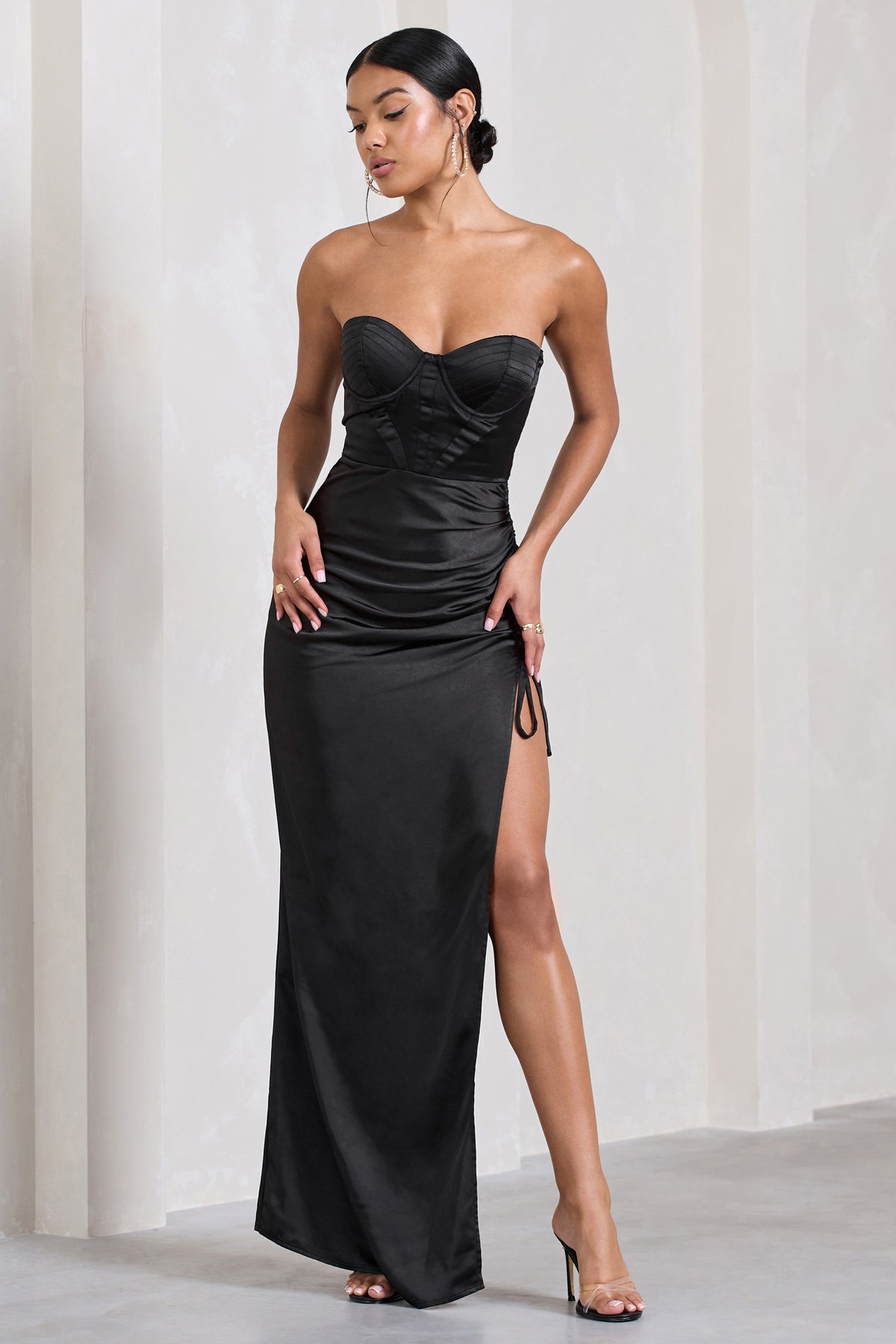 Expose Black Satin Sweetheart Corset Asymmetric Maxi Dress – Club L London  - UK