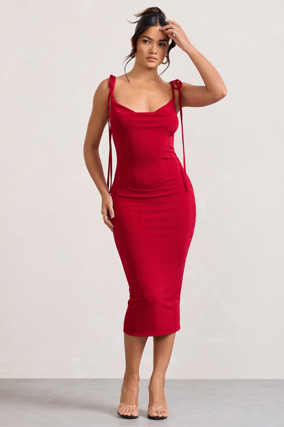 Red cowl neck sales bodycon dress