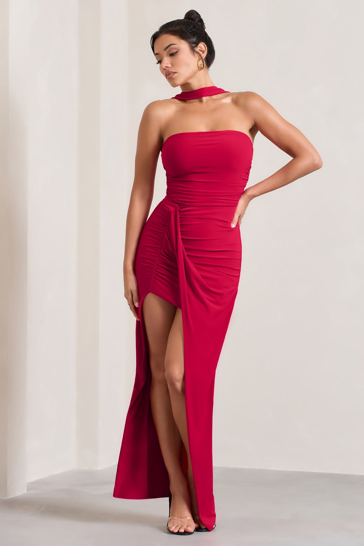 Paprika Red Ruched Halter-Neck Bandeau Maxi Dress – Club L London - UK
