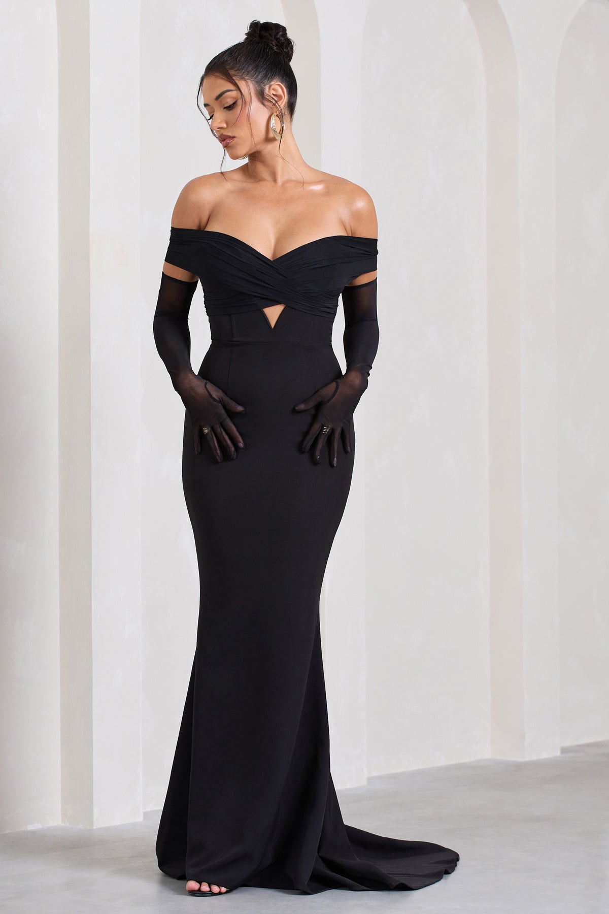 Inspiration Black Sheer Bardot Fishtail Maxi Dress – Club L London - UK
