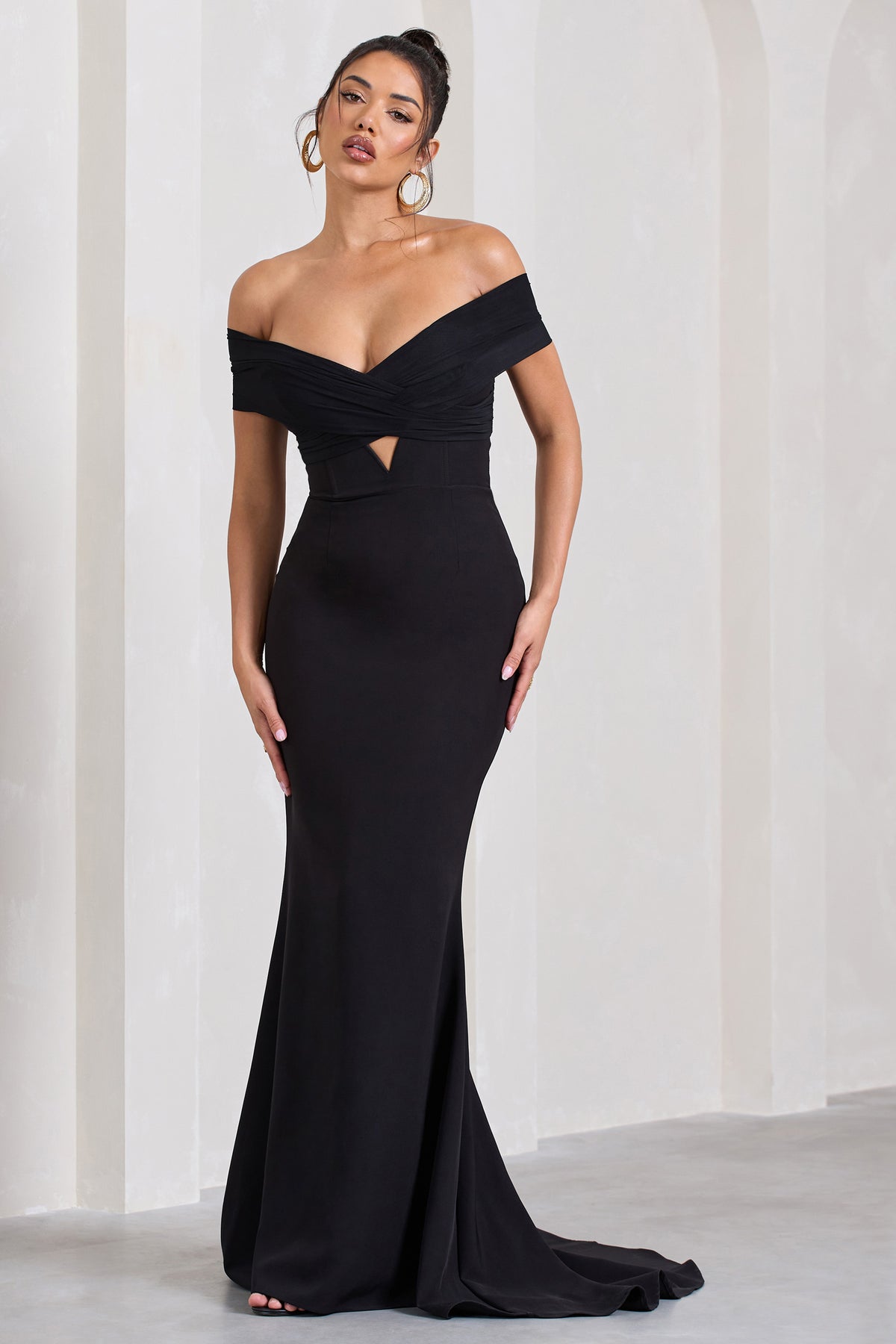Inspiration Black Sheer Bardot Fishtail Maxi Dress – Club L London - UK