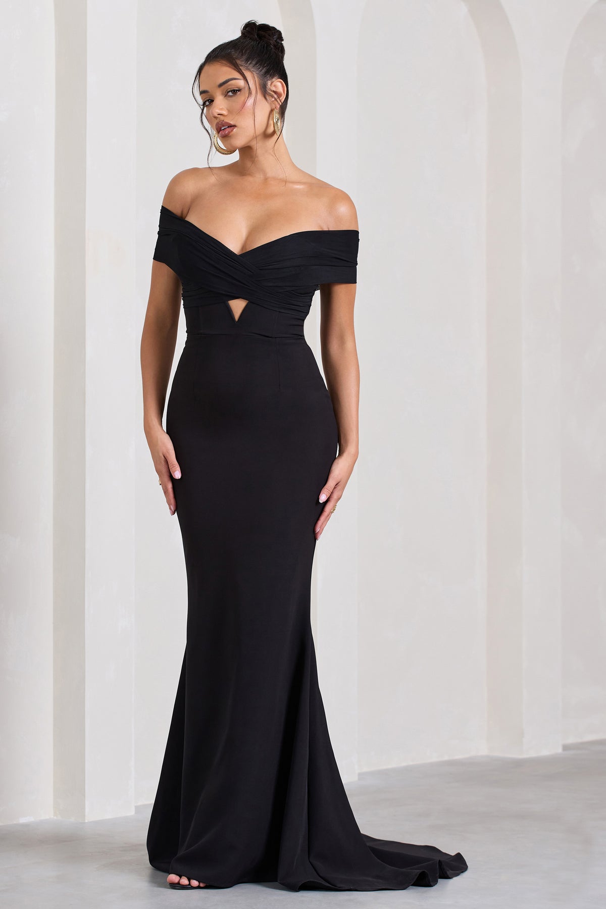 Inspiration Black Sheer Bardot Fishtail Maxi Dress – Club L London - UK