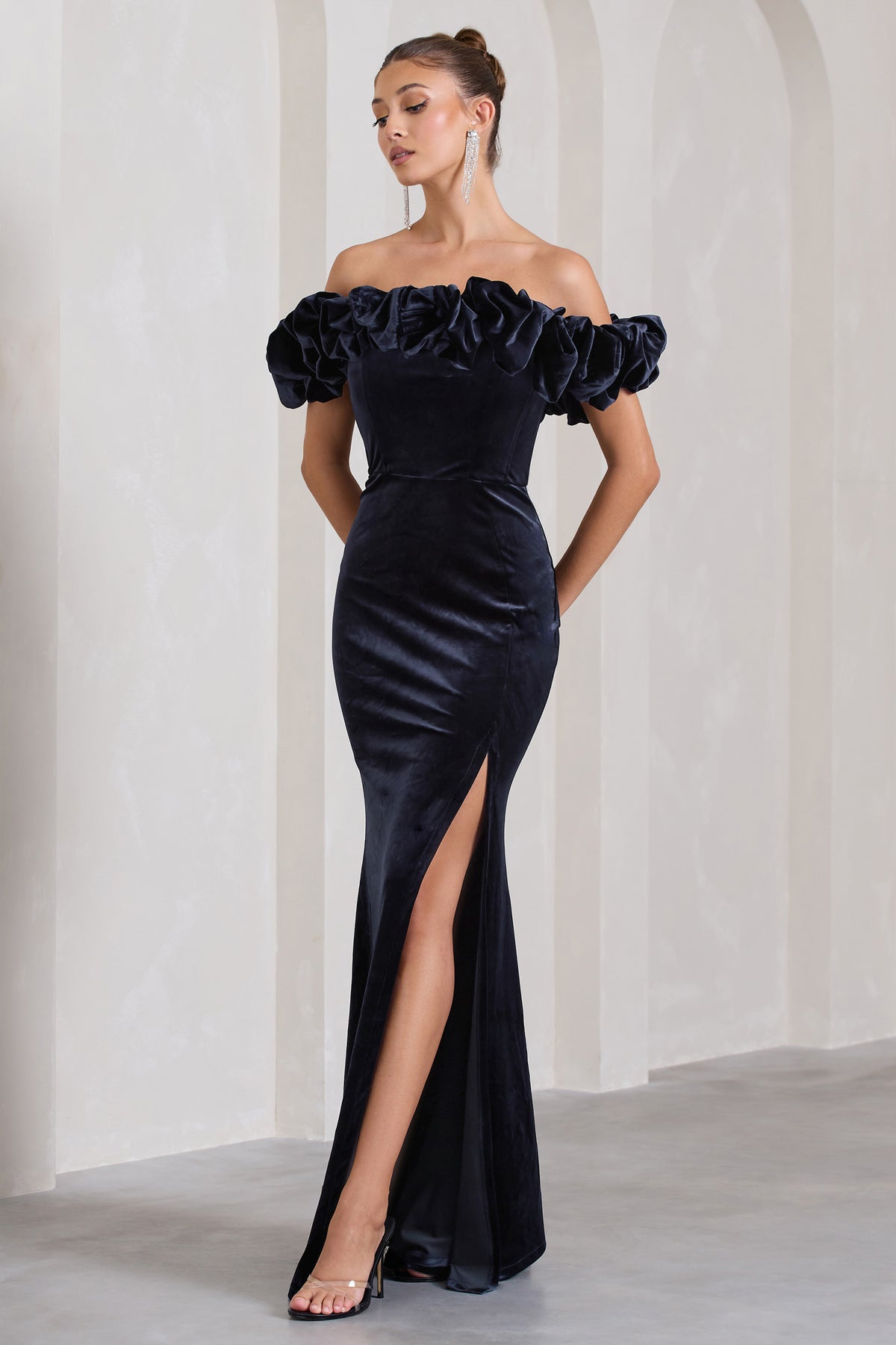 Esmeralda Navy Velvet Structured Ruffled Bardot Maxi Dress – Club L ...