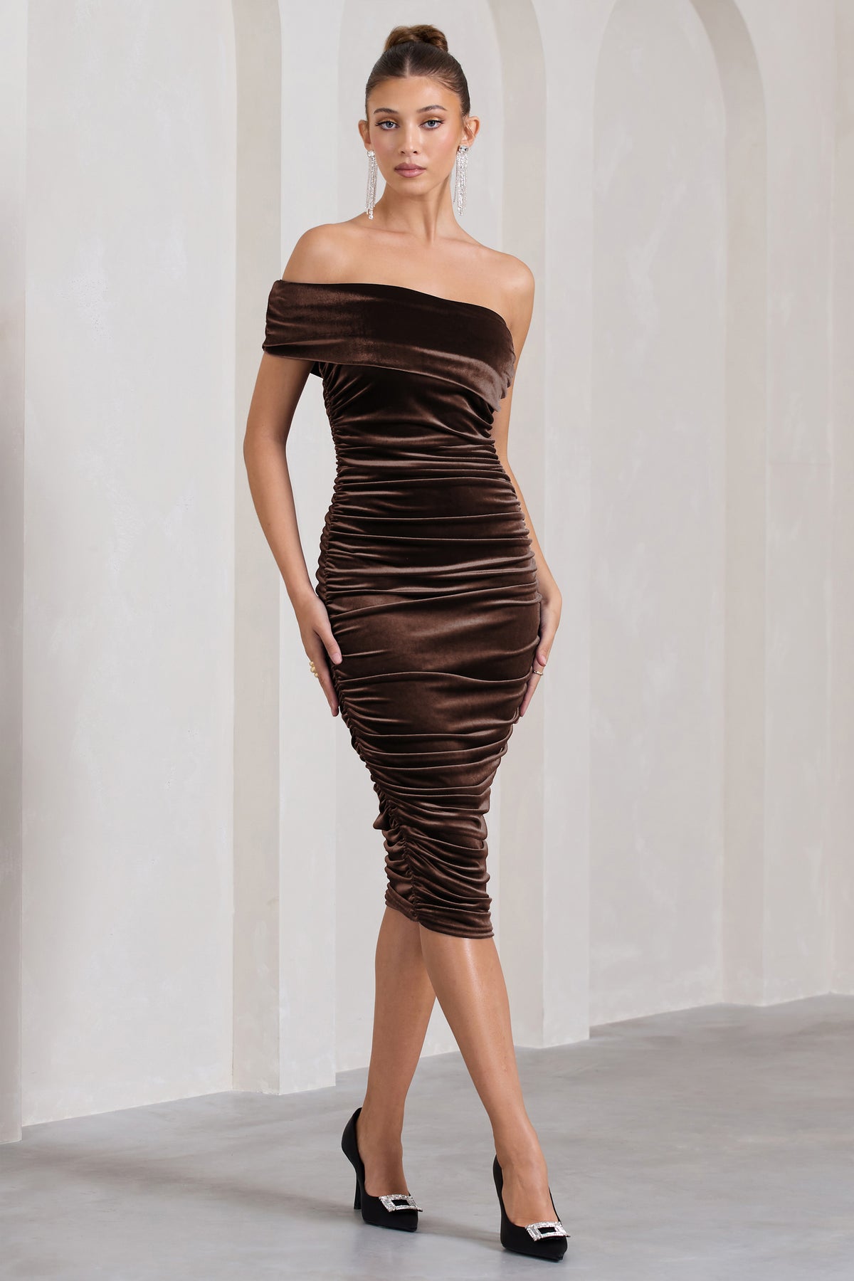 Remember Me Chocolate Velvet Ruched Asymmetric Bodycon Midi Dress – Club L  London - UK