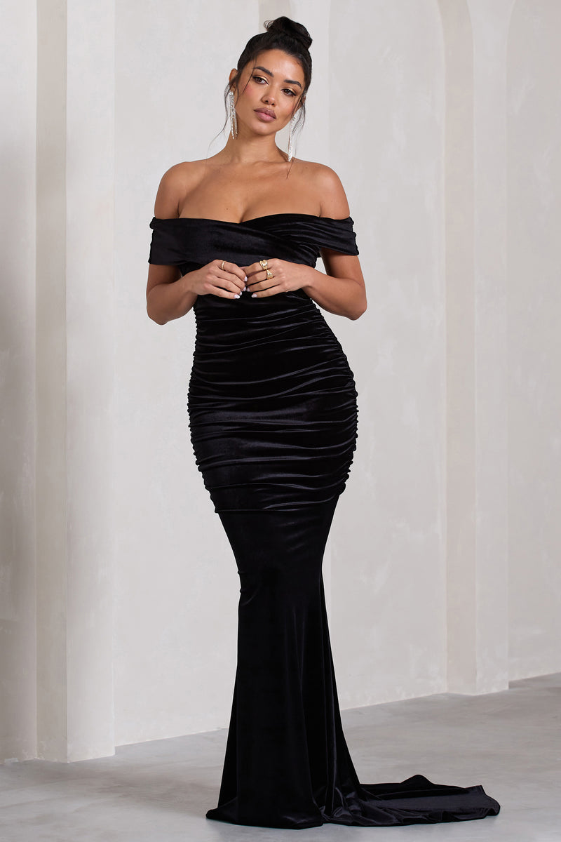 Apolline Black Velvet Off The Shoulder Ruched Fishtail Maxi Dress ...
