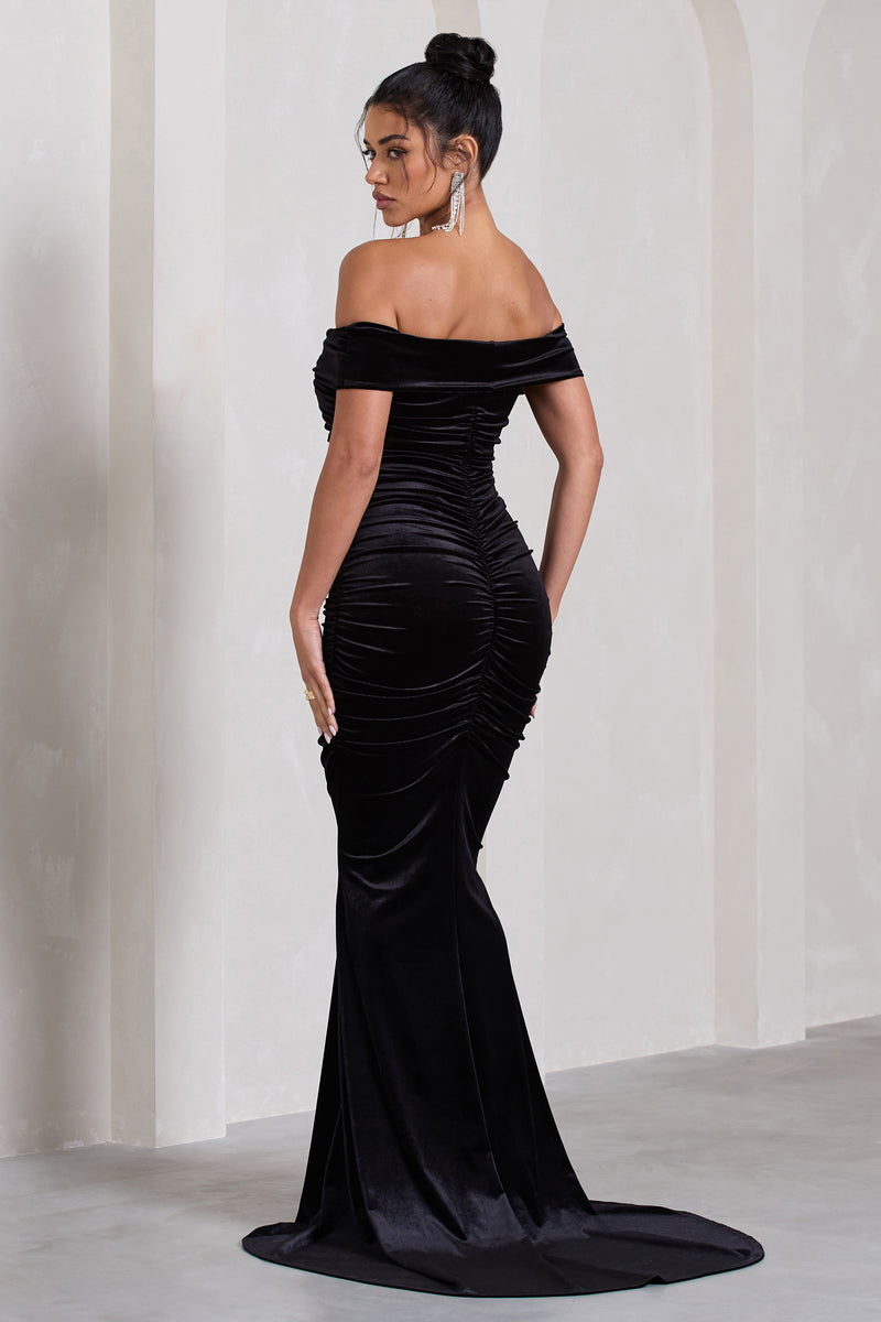 Apolline Black Velvet Off The Shoulder Ruched Fishtail Maxi Dress ...