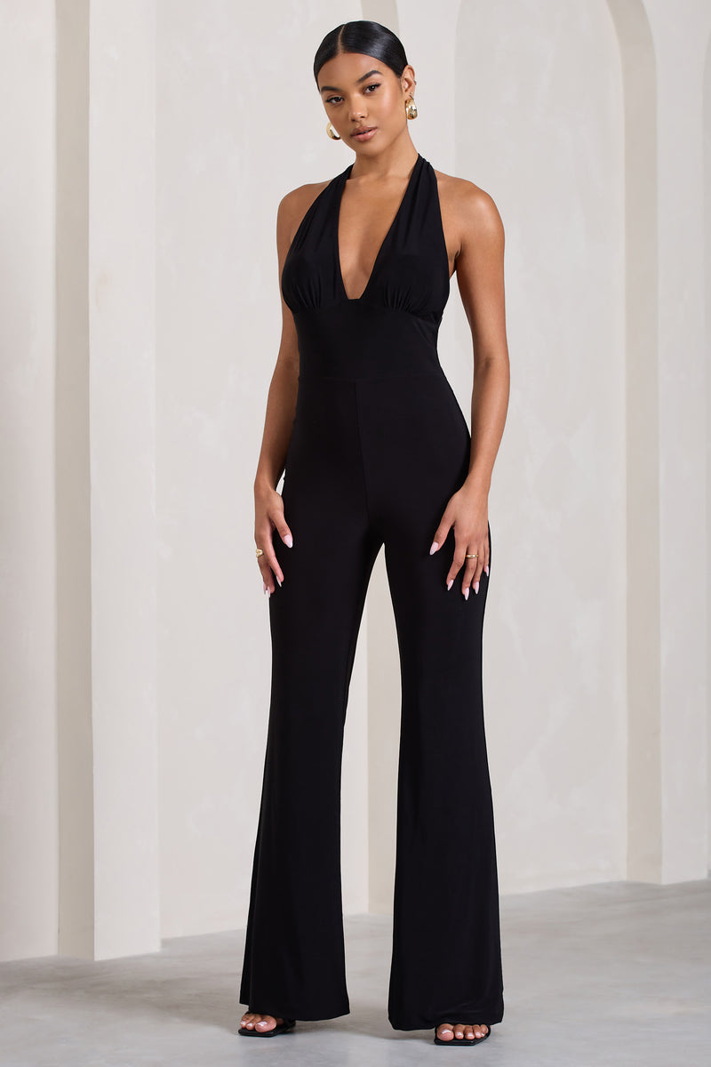 Lexie Black Halter-Neck Sleeveless Flared-Leg Jumpsuit – Club L London - UK