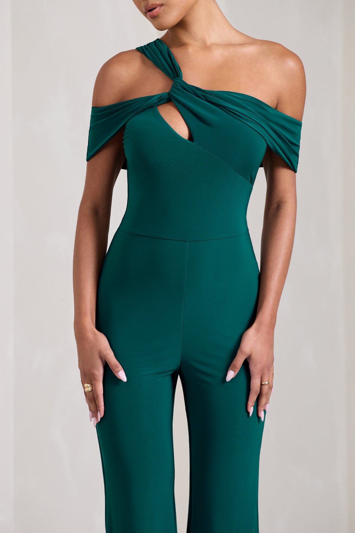 Striking Bottle Green Strappy Asymmetric Flared-Leg Jumpsuit