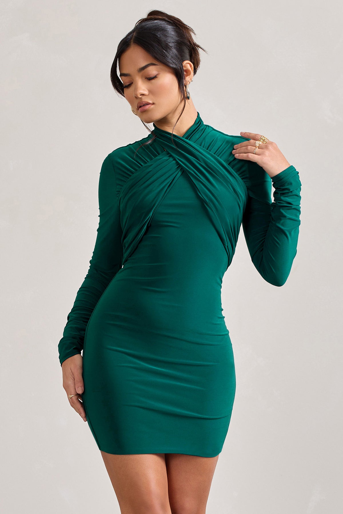 Eve Bottle Green Crossed-Neck Long-Sleeved Bodycon Mini Dress – Club L ...