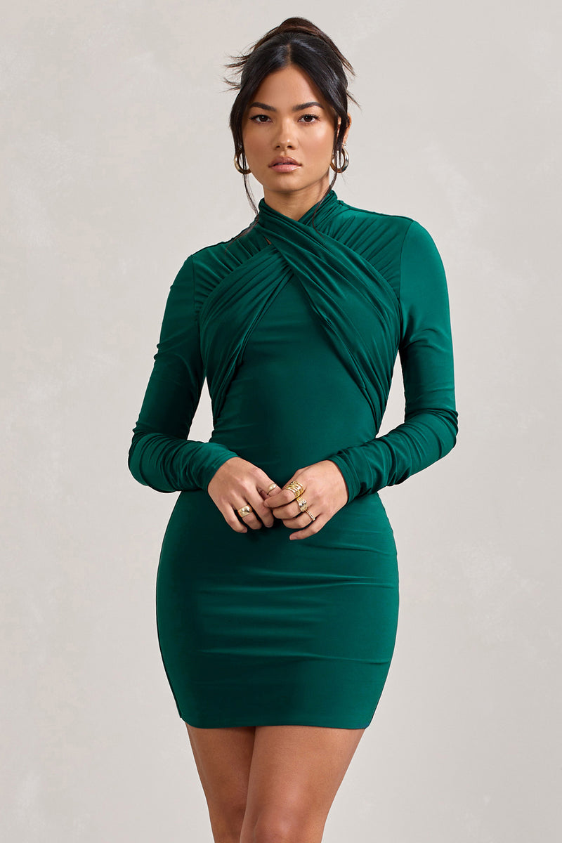 Eve Bottle Green CrossedNeck LongSleeved Bodycon Mini Dress Club L