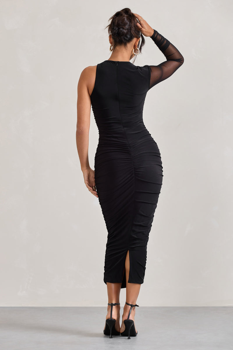 Luciene Black Ruched Asymmetric Bodycon Midi Dress With Sheer Sleeve ...