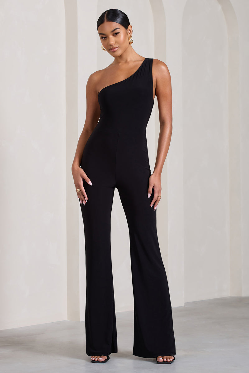 In The Dark Black Sleeveless Asymmetric Flared-Leg Jumpsuit – Club L ...