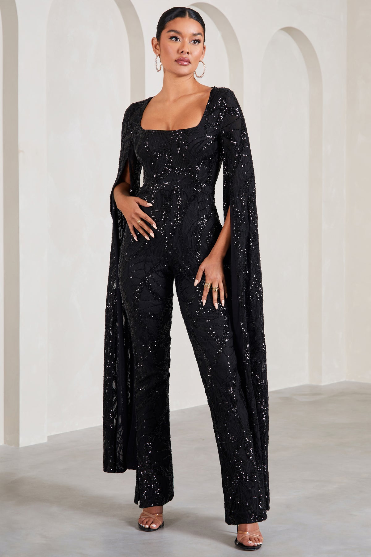 club l Cher Black Sequin Lace Square-Neck Jumpsuit With Cape