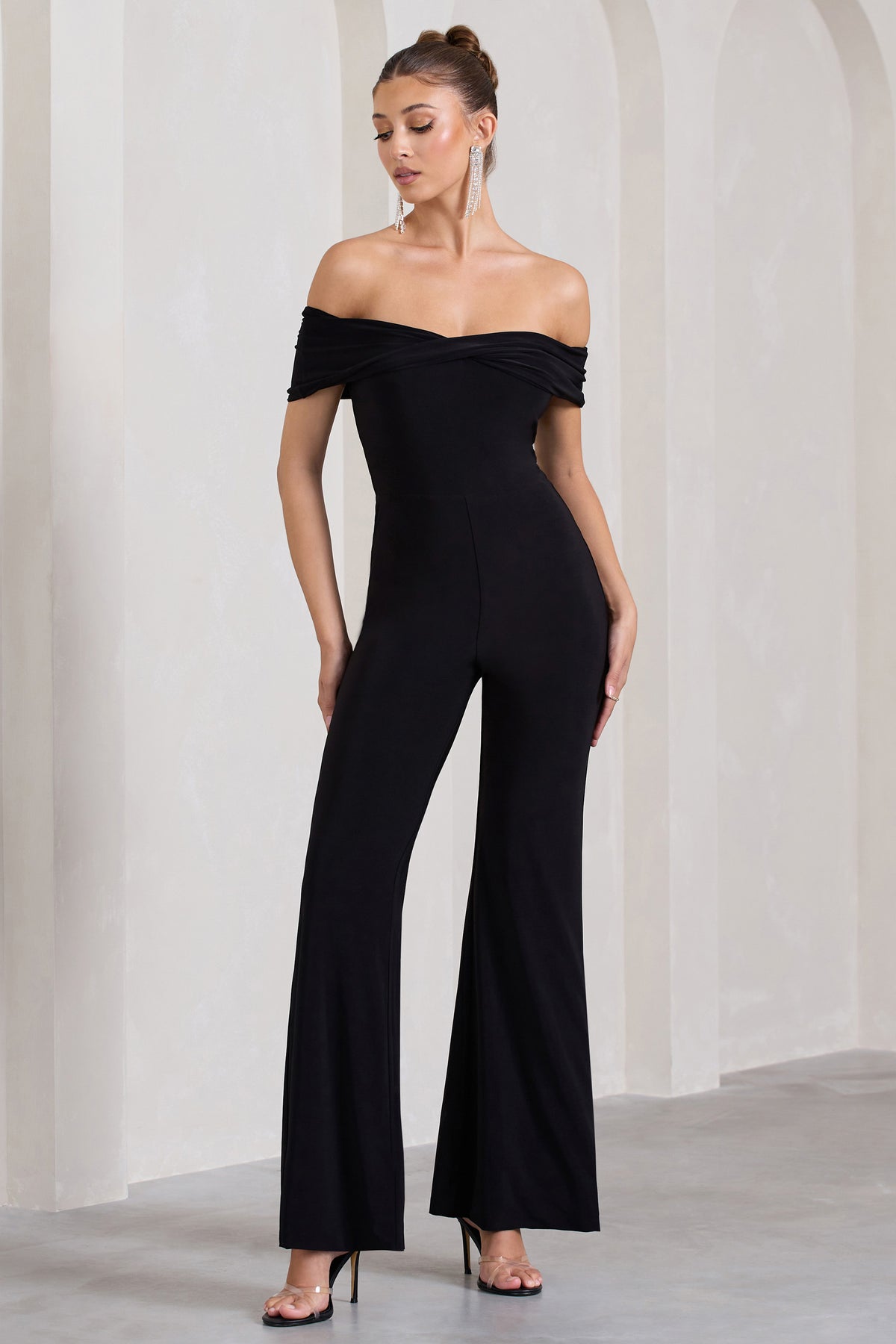 Gemma Black Bardot Open-Back Flared-Leg Jumpsuit – Club L London - UK