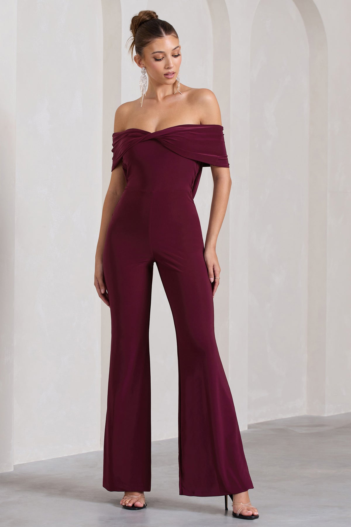 club l Gemma Burgundy Bardot Open-Back Flared-Leg Jumpsuit 2025