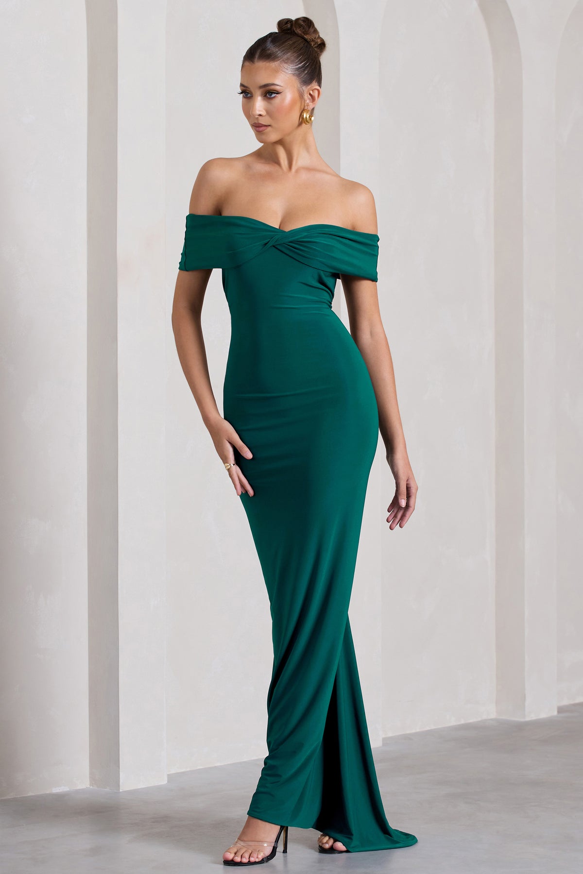 Vivienne Bottle Green Bardot Open-Back Maxi Dress – Club L London - UK