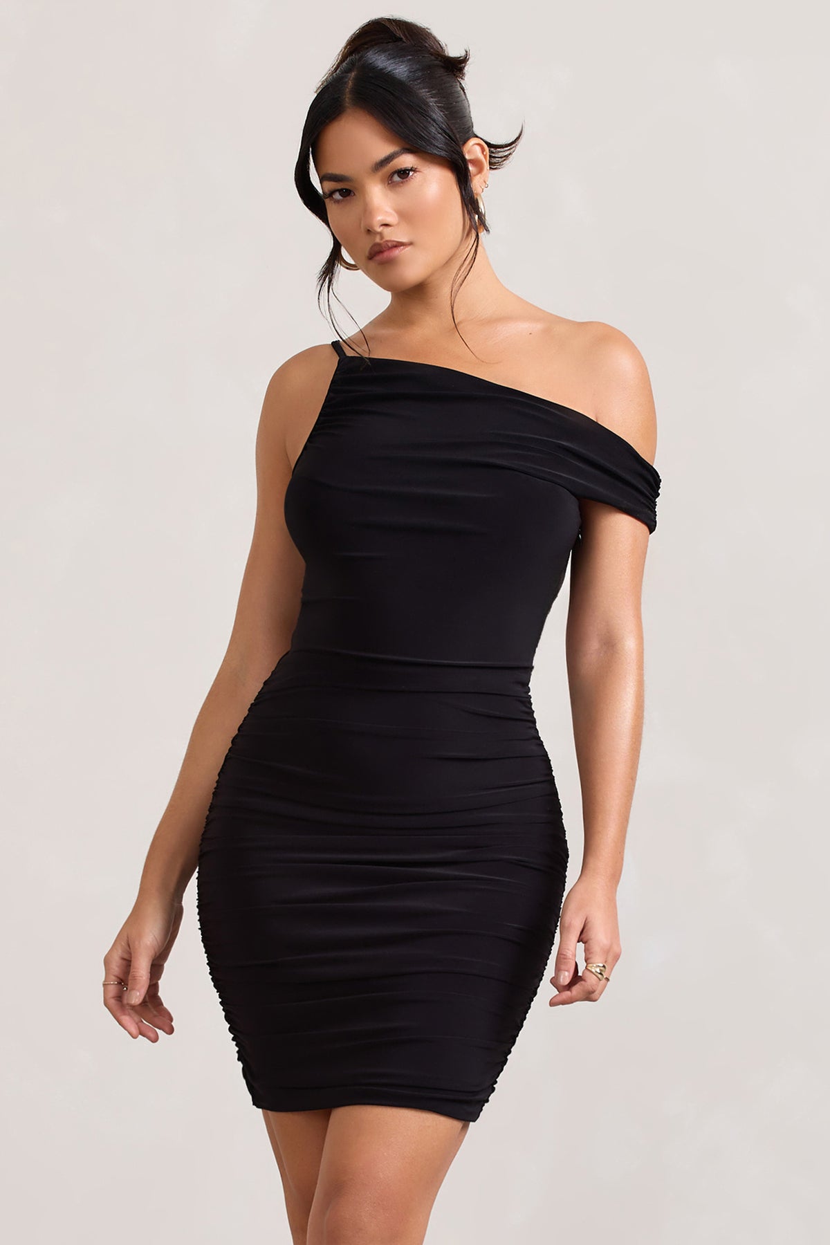 Front Page Black Ruched Asymmetric Bodycon Mini Dress – Club L London - UK