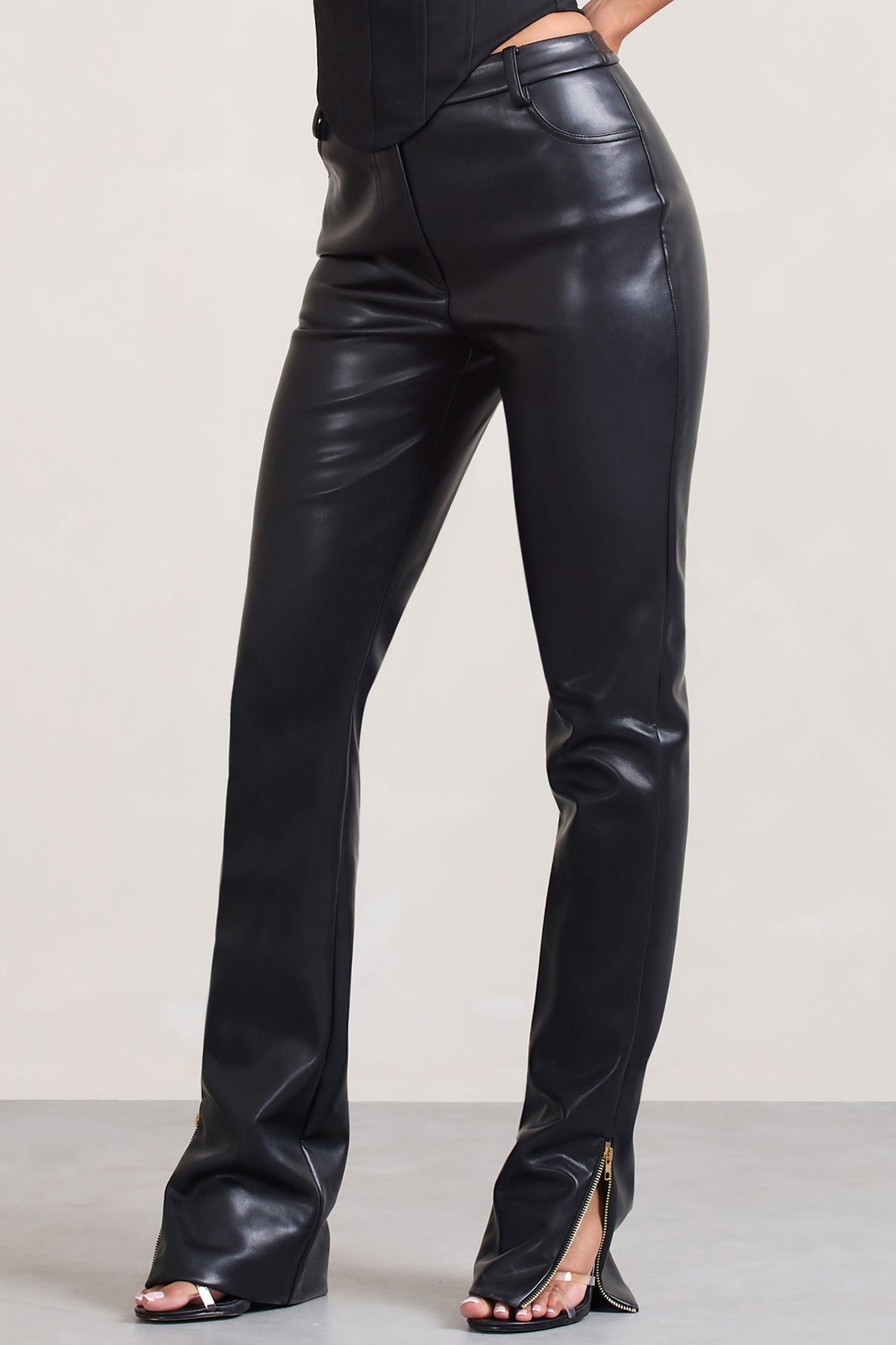 Jackie Black Faux Leather High-Waisted Trousers With Ankle Zips – Club ...