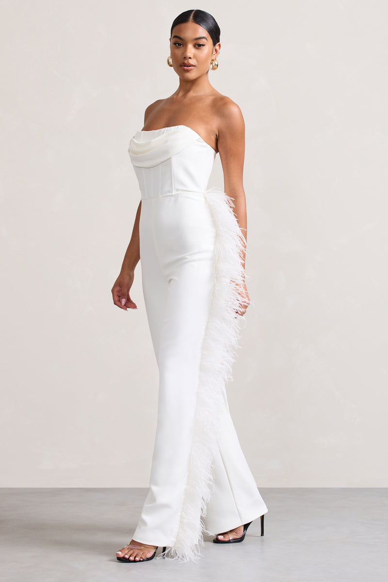 Topic Of Talk White Strapless Bandeau Wide-Leg Jumpsuit With Feather ...