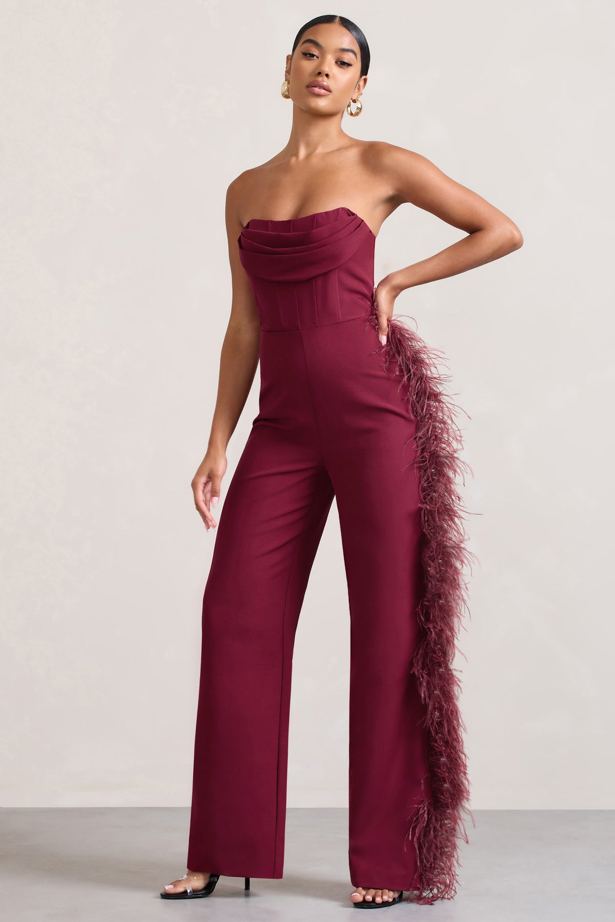 Topic Of Talk Burgundy Strapless Bandeau Wide-Leg Jumpsuit With Feat ...