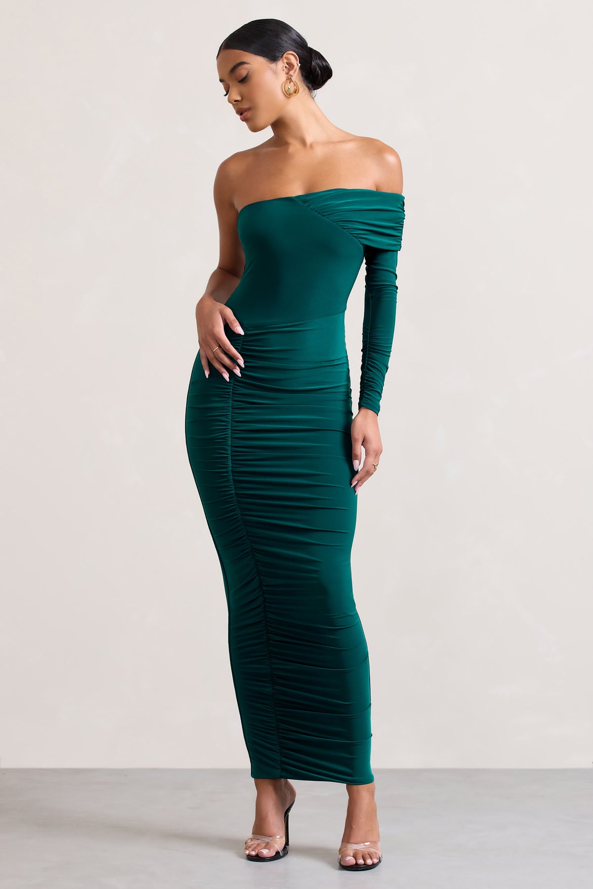 Afterparty Bottle Green Ruched Asymmetric Bodycon Maxi Dress – Club L ...