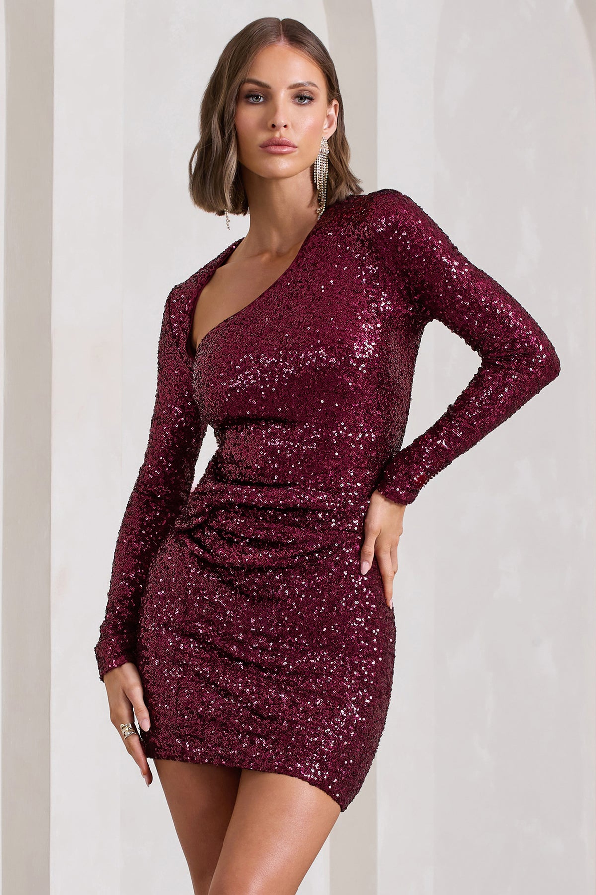 Rising Star Burgundy Sequin Long-Sleeved Twisted Mini Dress – Club L ...