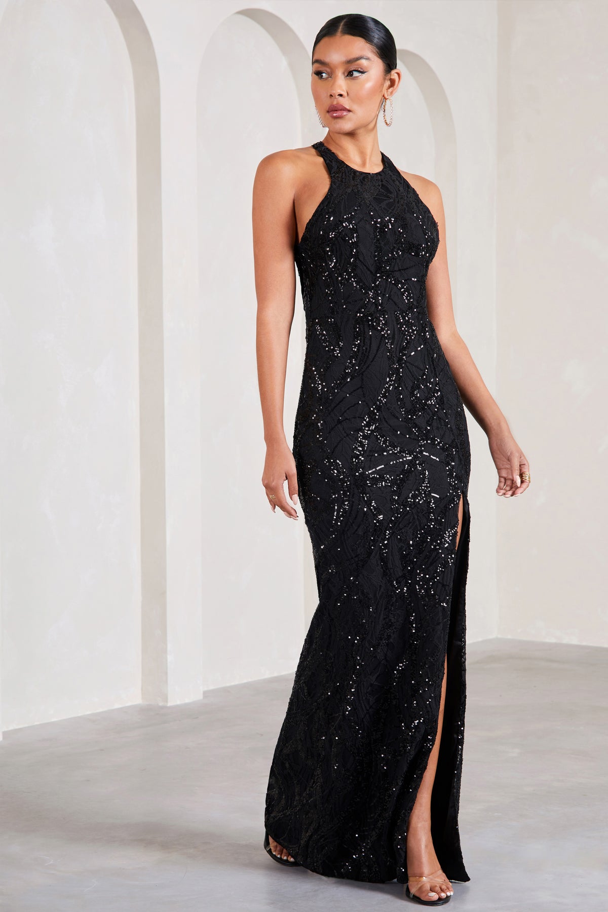 Reserved Black Sequin Lace Split Maxi Dress – Club L London - UK