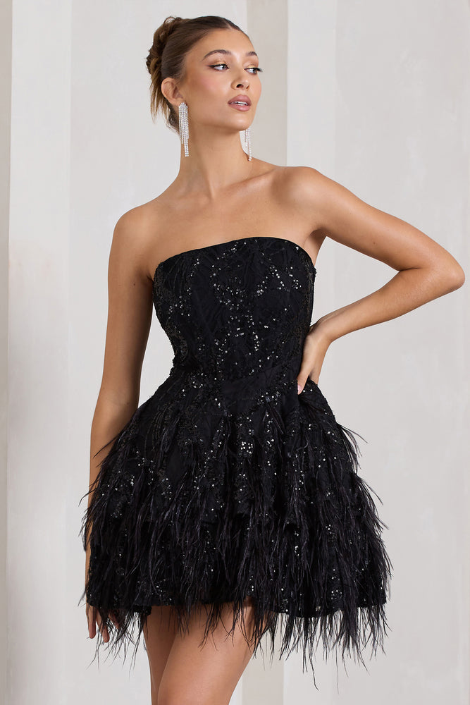 Little Wish | Black Sequin Lace Strapless Mini Dress With Feathers