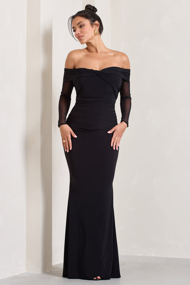 Club L Black Ruched Bardot Dress Kimberly Black Bardot Satin Maxi