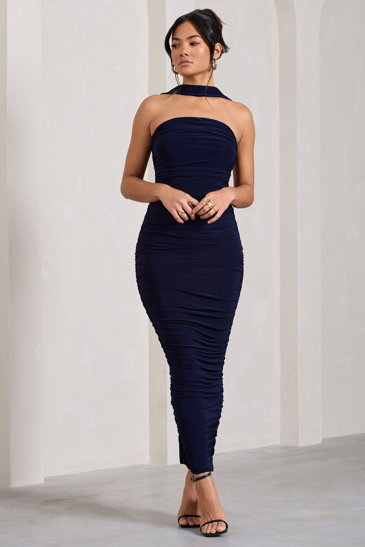 Entranced Navy Ruched Bandeau Maxi Dress With Halter Collar – Club L ...
