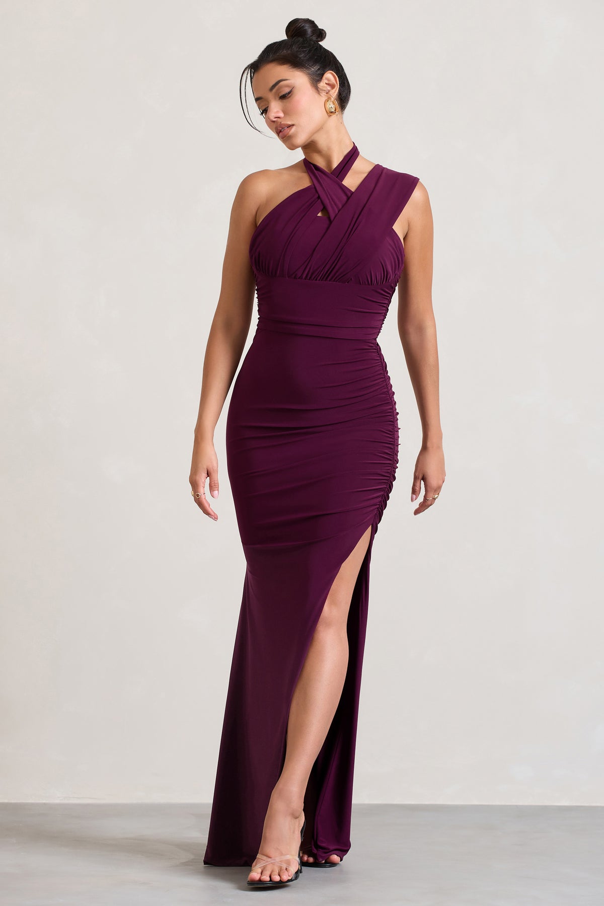 Ignite Burgundy Strappy Halter Neck Asymmetric Maxi Dress Club L