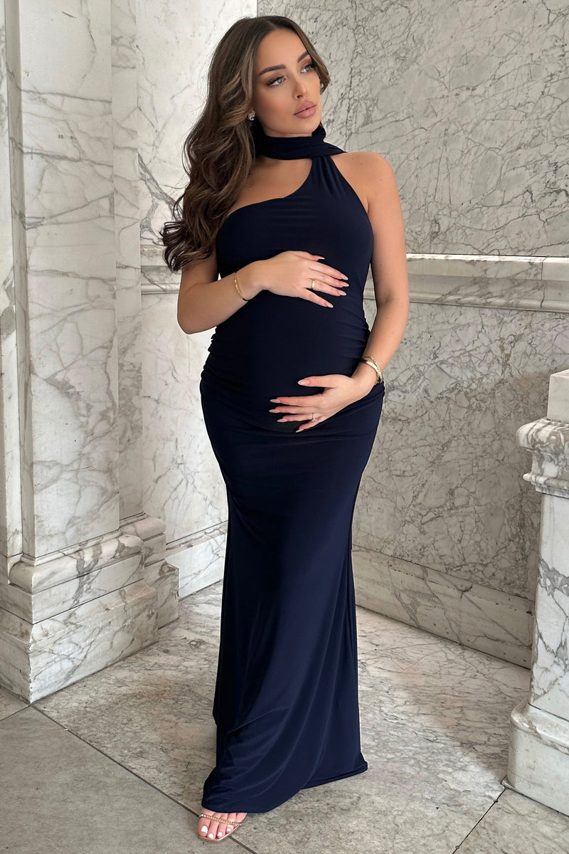 Tessy | Red Asymmetric-Neck Maternity Maxi Dress With Cape-Sleeve