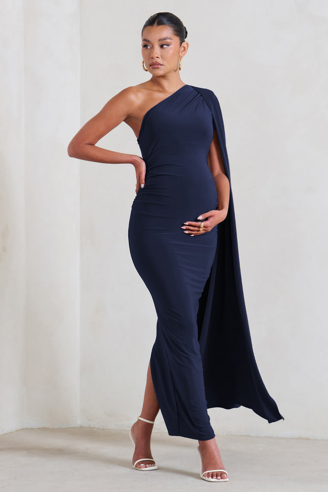 Amaryllis Navy Maternity One Shoulder Maxi Dress with Cape Sleeve 