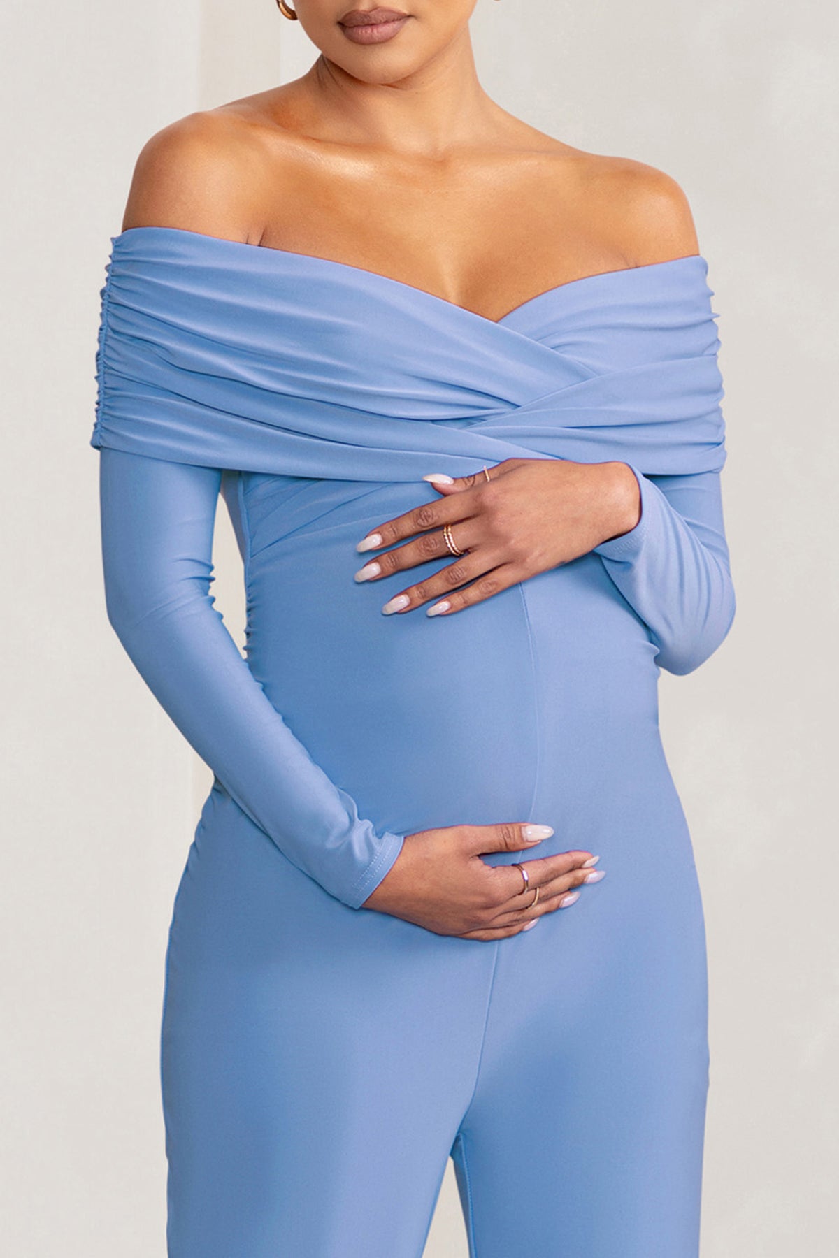 Nuala Powder Blue Bardot Maternity Jumpsuit with Long Sleeves