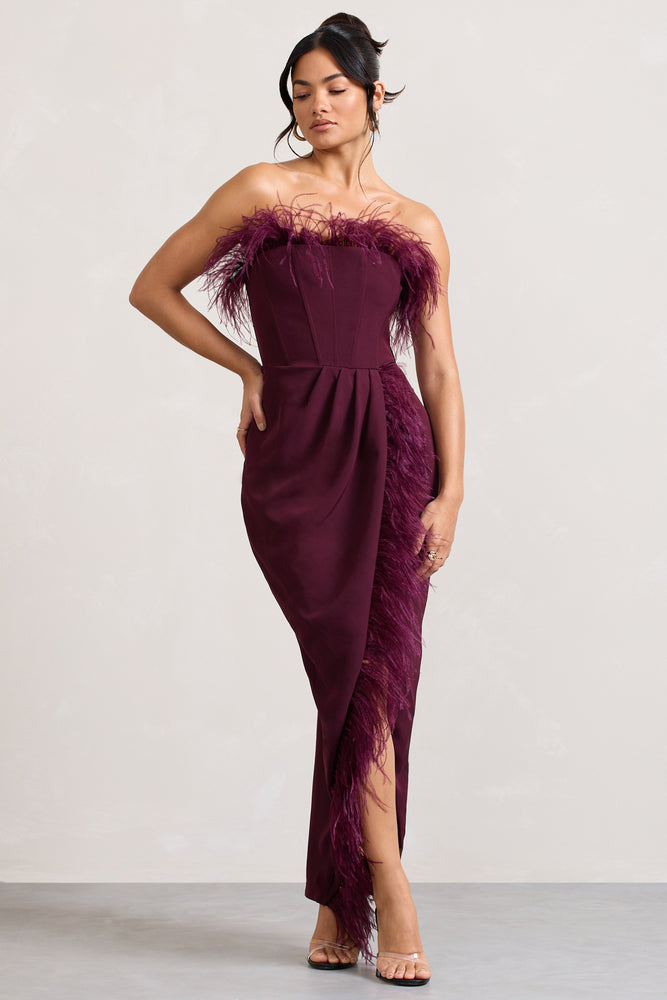 Cosmo Burgundy Bandeau Feather Corset Split Maxi Dress – Club