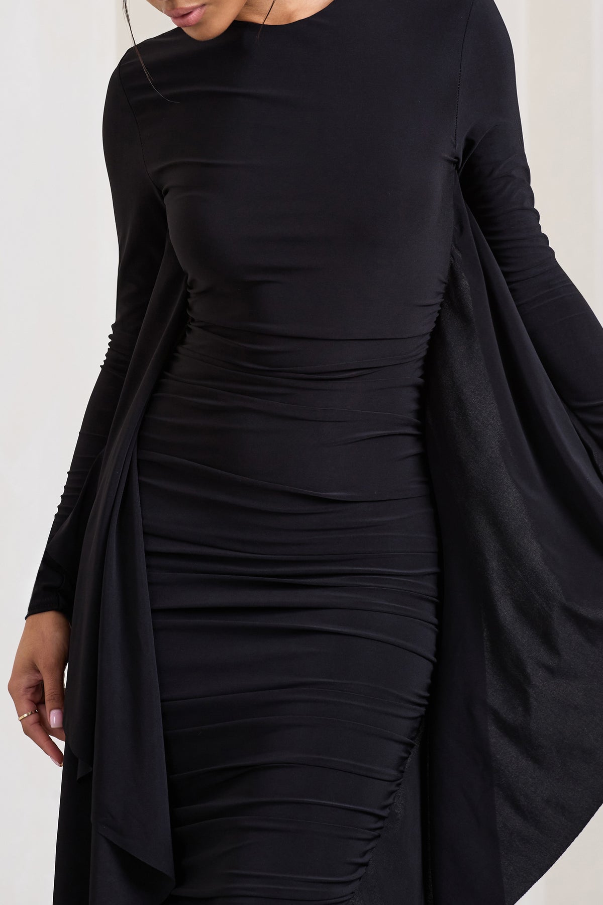 Inspirational Black Plunge Neck Long Sleeves Ruched Midi Dress With – Club  L London - AUS