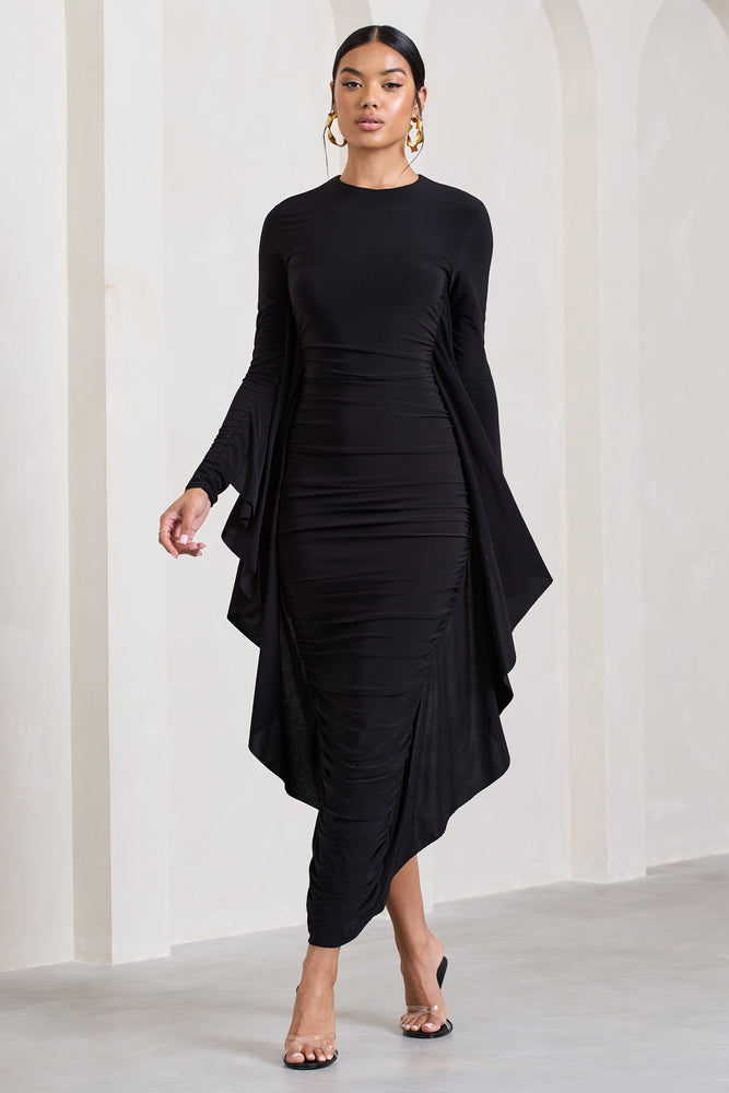 Keva Black Long Sleeve Ruched Maxi Dress with Cape Detailing – Club L ...