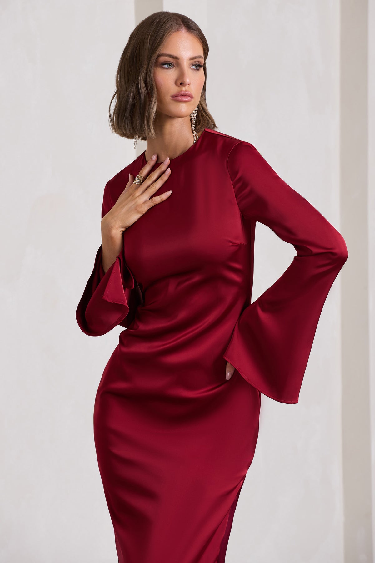 Zaina Burgundy Long Sleeve Midi Dress with High Neckline – Club L ...