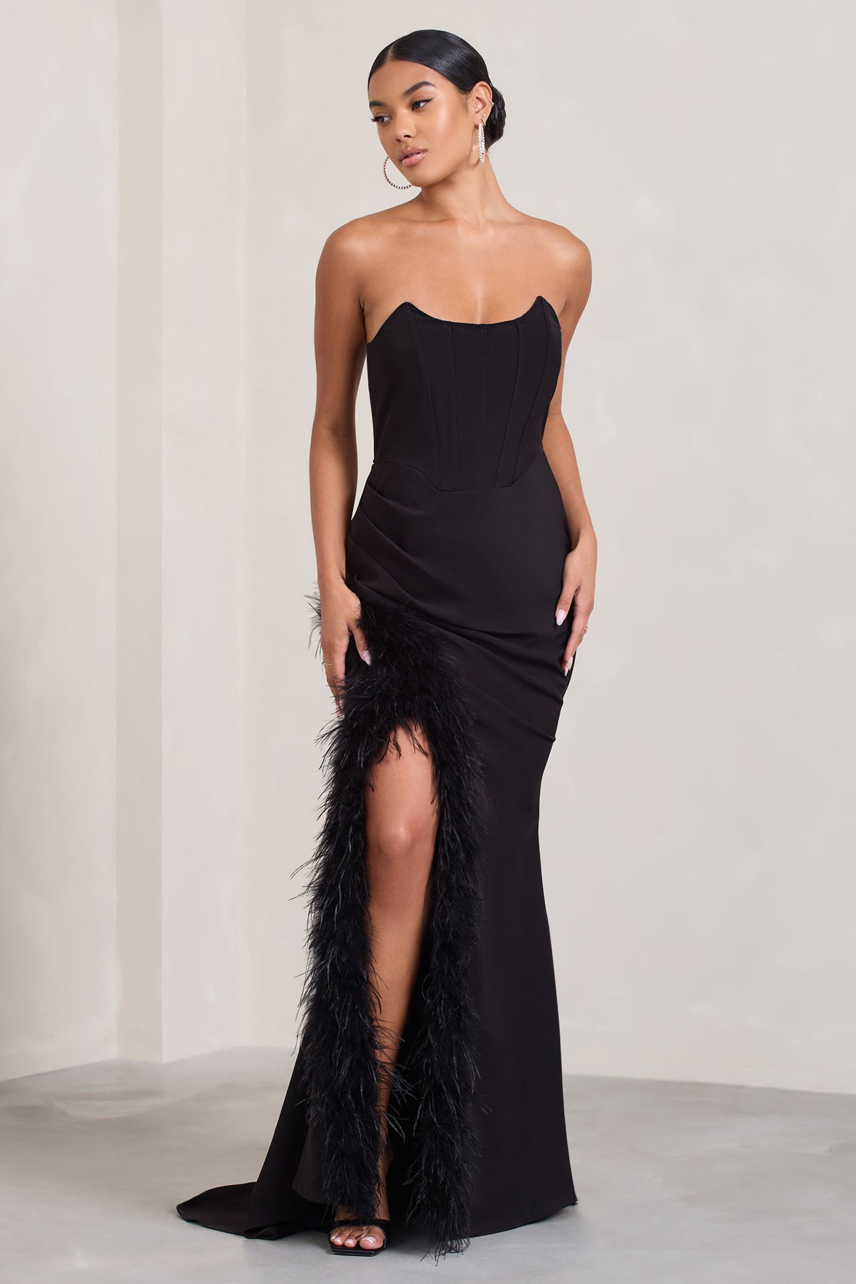 Say Yes Black Corset Maxi Dress With Split Feather Skirt – Club L ...
